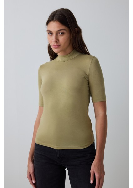 Haki Yarım Balıkçı Yaka 3/4 Kollu Slim Fit Üst modelleri