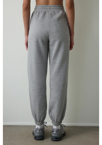 Gri Melanj Orta Bel Çift Dikişli Bağcıklı Oversize Jogger Eşofman Altı