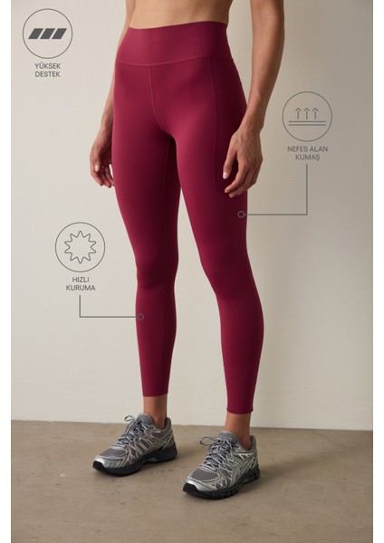 Bordo Yüksek Destek Cepli Yüksek Bel Lock Pocket Tayt