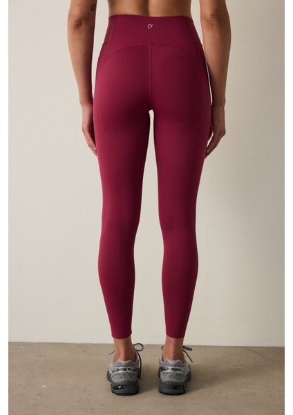 Bordo Yüksek Destek Cepli Yüksek Bel Lock Pocket Tayt