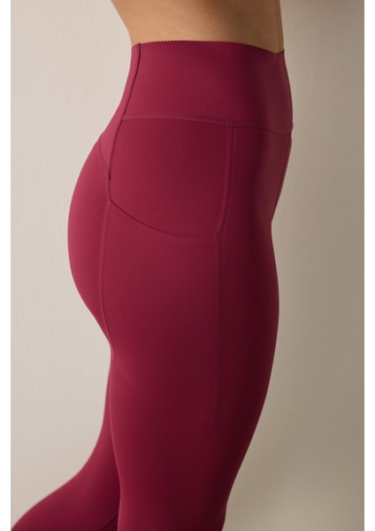 Bordo Yüksek Destek Cepli Yüksek Bel Lock Pocket Tayt