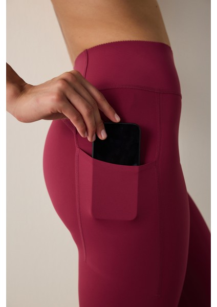 Bordo Yüksek Destek Cepli Yüksek Bel Lock Pocket Tayt