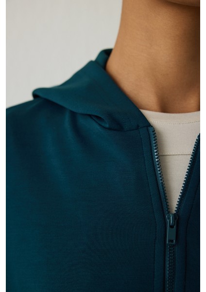 Koyu Yeşil Silky Feel Oversize Fermuarlı Sweatshirt