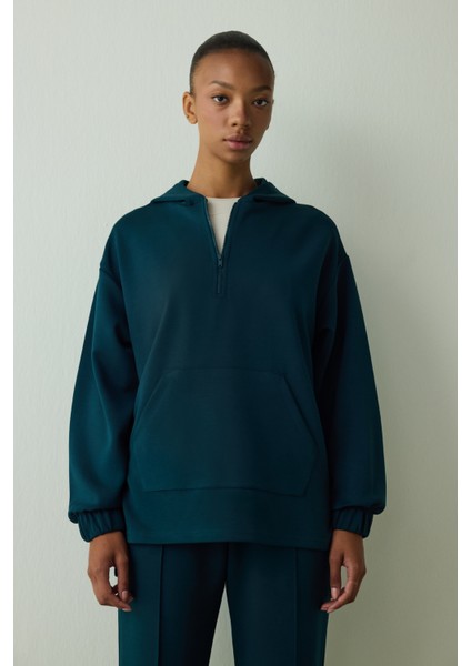 Koyu Yeşil Silky Feel Oversize Fermuarlı Sweatshirt