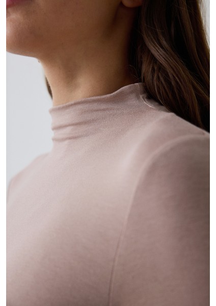 Bej Yarım Balıkçı Yaka Slim Fit Uzun Kollu Triko Üst