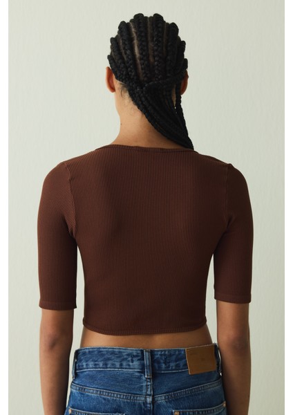 Cappuccino Dikişsiz Kare Yaka Kısa Kollu Crop Tişört indirimleri