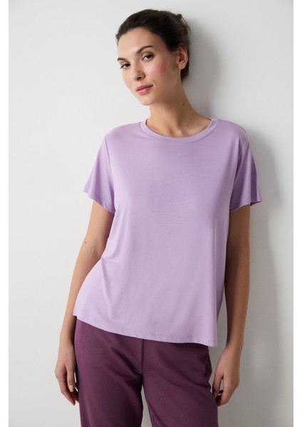 Lila Bisiklet Yaka Regular Fit Modal Tişört