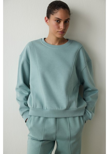 Mint Curvy Side Bisiklet Yaka Oversize Crop Sweatshirt