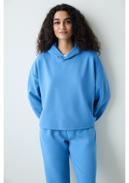 Mavi Kapüşonlu Silky Touch Sweatshirt