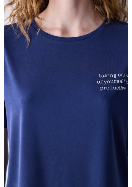 Lacivert Slogan Baskılı Loose Fit Modal Tişört modelleri
