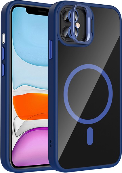 iPhone 11 Kılıf Standlı ve Kamera Lens Hediyeli M-Safe Şarj Özellikli Ata Etro Kapak - Lacivert