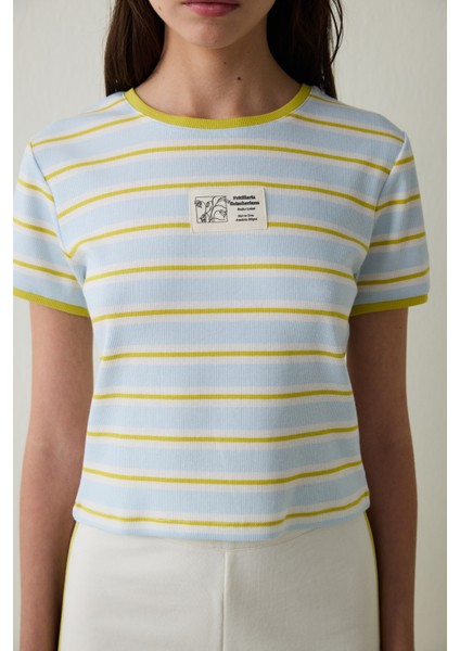 Açık Mavi Bozkır Lalesi Bisiklet Yaka Pamuklu Çizgili Crop Tişört - Inspired by Flora modelleri