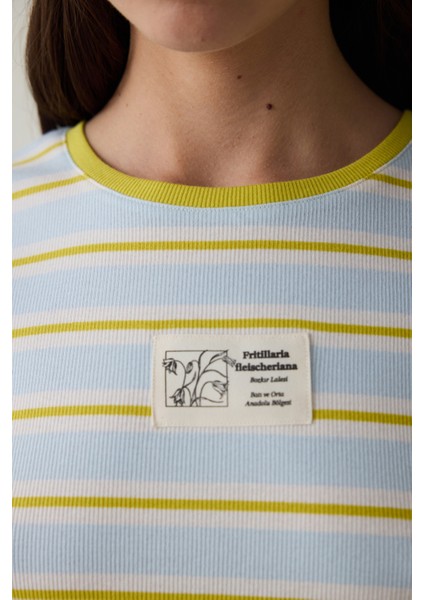 Açık Mavi Bozkır Lalesi Bisiklet Yaka Pamuklu Çizgili Crop Tişört - Inspired by Flora indirimleri