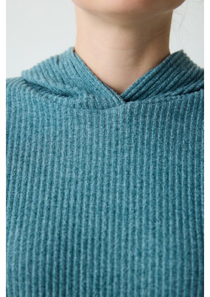 Petrol Yeşili Kapüşonlu Fitilli Yumuşak Sweatshirt