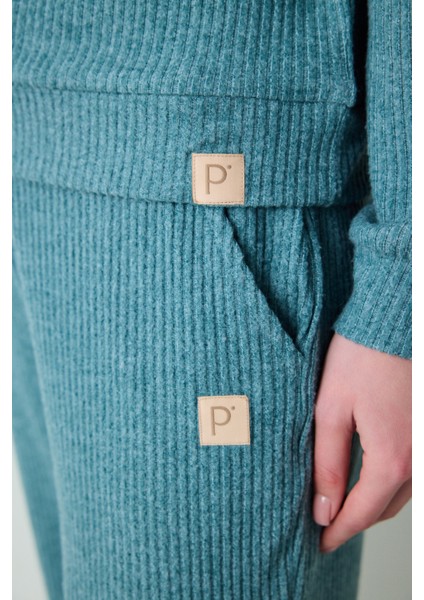 Petrol Yeşili Kapüşonlu Fitilli Yumuşak Sweatshirt