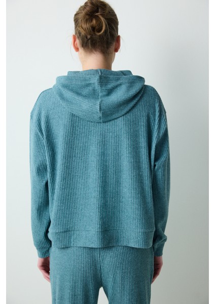 Petrol Yeşili Kapüşonlu Fitilli Yumuşak Sweatshirt