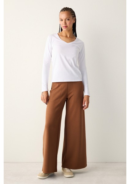 Pamuklu V Yaka Basic Beyaz Uzun Kollu Üst