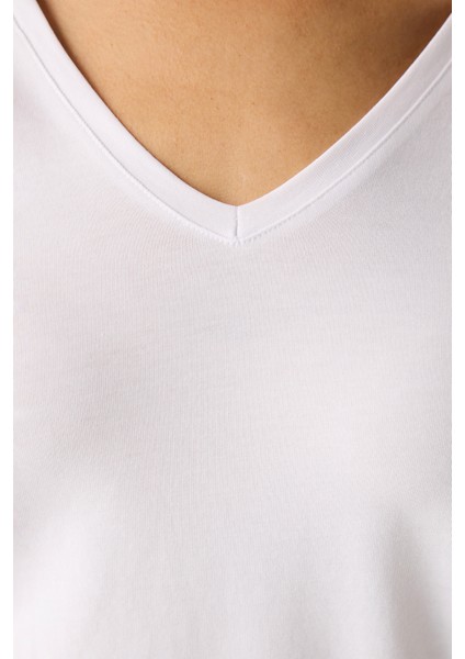 Pamuklu V Yaka Basic Beyaz Uzun Kollu Üst