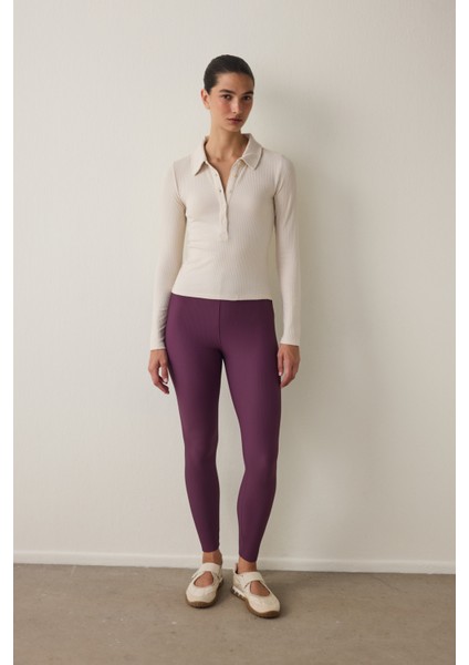 Bej Polo Yaka Düğmeli Uzun Kollu Slim Fit Üst