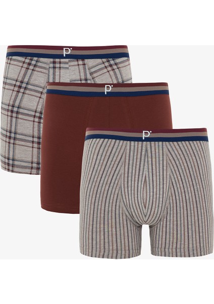 Kahverengi Erkek Ekoseli Normal Bel Organik 3'lü Boxer