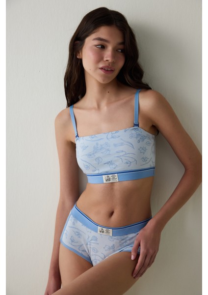 Açık Mavi Çiçek Desenli Pamuklu Balensiz Bandeau Sütyen - Inspired by Flora
