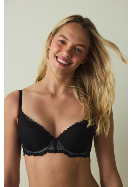 Siyah Fervour Broderie Zebra Desenli Dantelli Balenli Push Up Sütyen