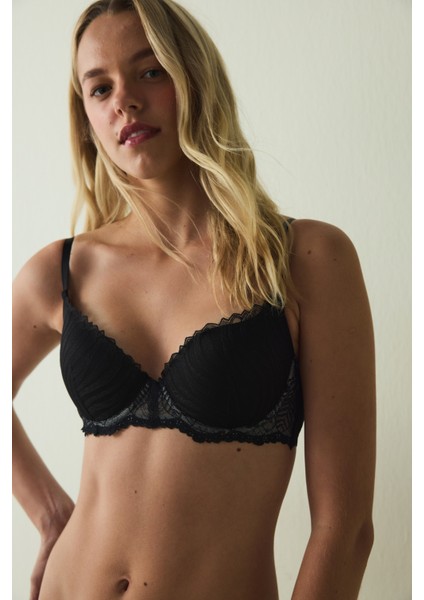 Siyah Fervour Broderie Zebra Desenli Dantelli Balenli Push Up Sütyen