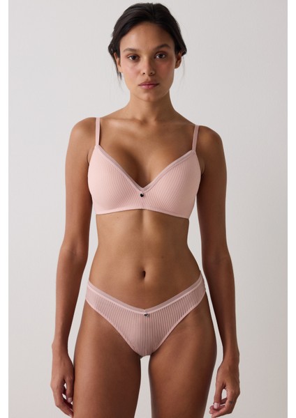 Açık Gül Kurusu Çizgili Balensiz Çıkarılabilir Kaplı T-Shirt Sütyen