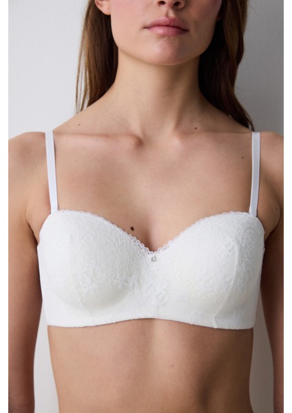 Sequin Lace Lotus Kırık Beyaz Straplez Sütyen