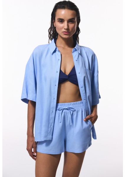 Açık Mavi Natural Keten Şort indirimleri
