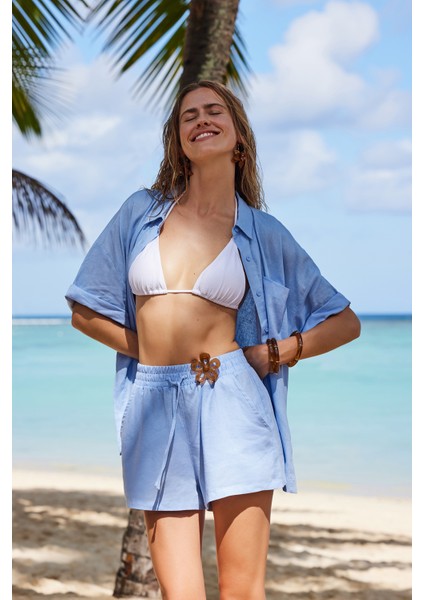 Açık Mavi Natural Keten Şort
