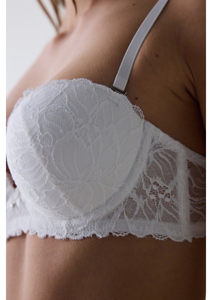 Kırık Beyaz Heart Lace Çiçek Desenli Tokalı Push Up Straplez Sütyen