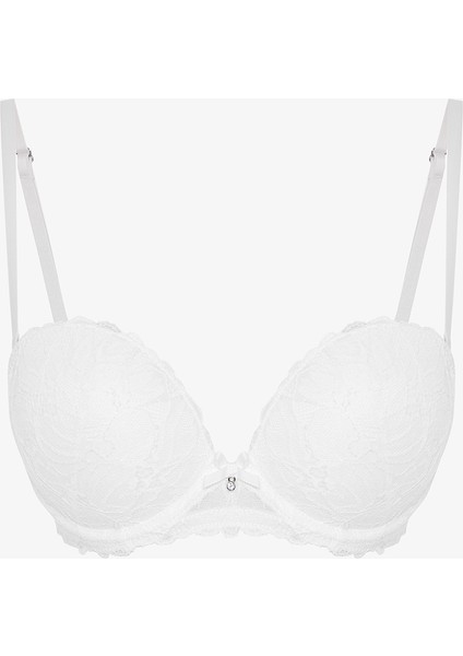 Kırık Beyaz Heart Lace Çiçek Desenli Tokalı Push Up Straplez Sütyen indirimleri