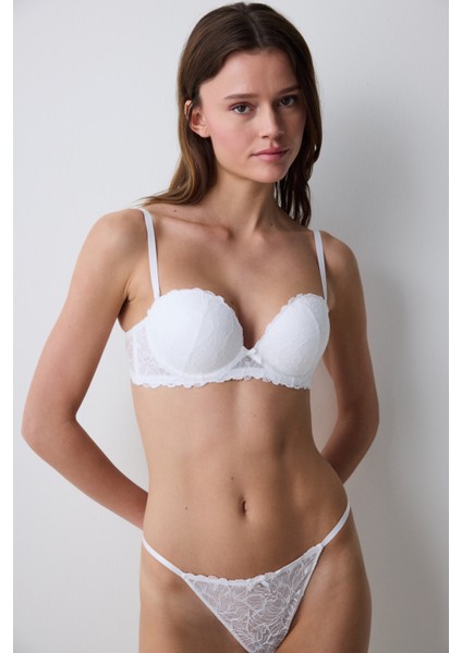 Kırık Beyaz Heart Lace Çiçek Desenli Tokalı Push Up Straplez Sütyen