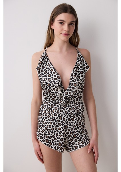 Leopar Saten Çok Renkli Teddy Tulum