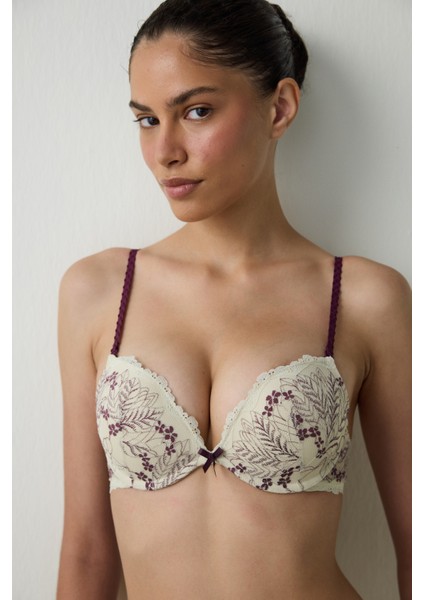 Bej Wow Çiçekli Dantelli Push Up Sütyen