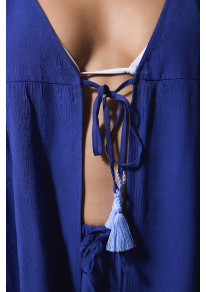 Lacivert Freya Crinckle Kısa Kol V Yaka Midi Kimono