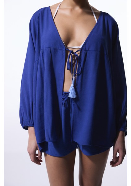 Lacivert Freya Crinckle Kısa Kol V Yaka Midi Kimono