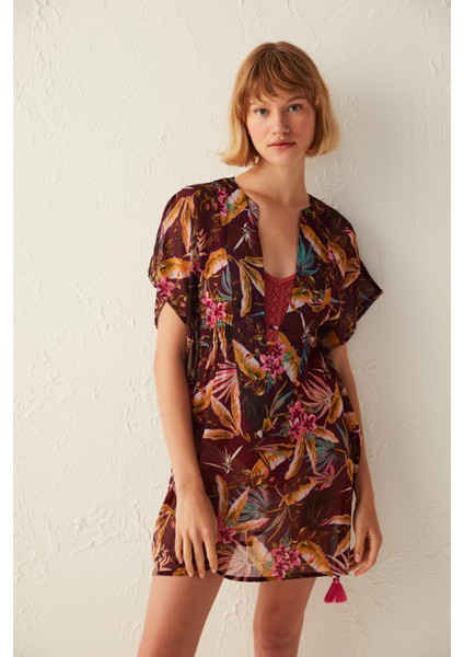 Çok Renkli Tropik Desenli Basic Kaftan
