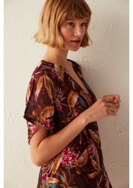 Çok Renkli Tropik Desenli Basic Kaftan