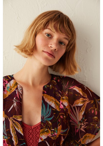 Çok Renkli Tropik Desenli Basic Kaftan