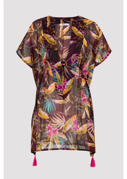 Çok Renkli Tropik Desenli Basic Kaftan