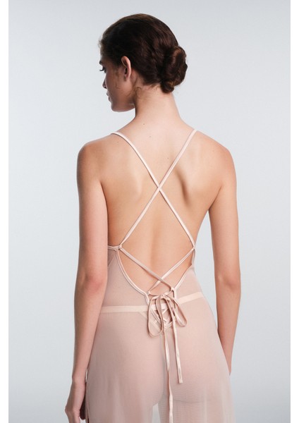 Bej Sandy Taş Detaylı Ayarlanabilir Askılı Gecelik