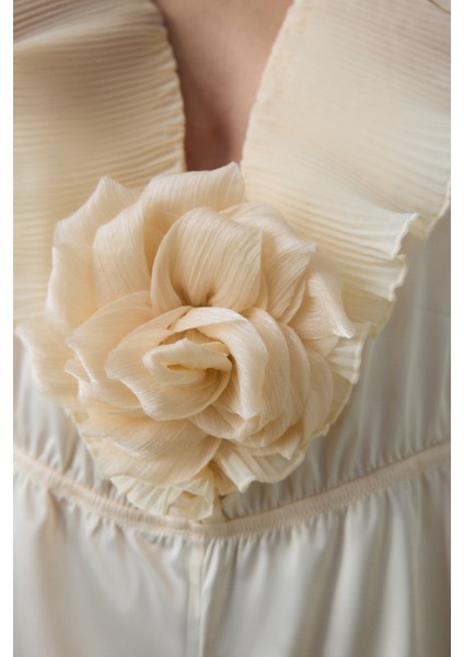 Saten Volan Rose Teddy Krem Bodysuit