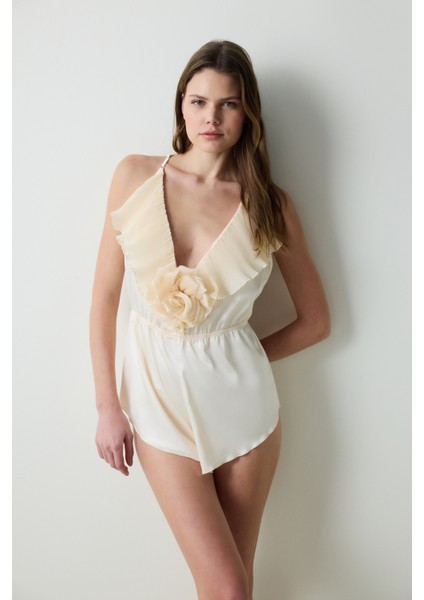 Saten Volan Rose Teddy Krem Bodysuit