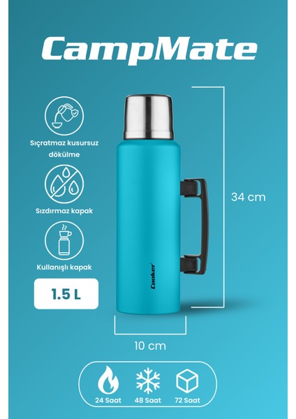 1.5 Litre Çift Katlı Çelik Termos - 24 Saat Sıcak, 48 Saat Soğuk, Kulplu (Kamp, Piknik, Ofis, Seyahat, Outdoor) fiyatları