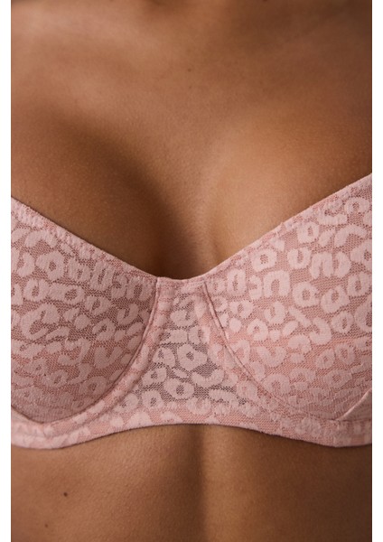 Gül Kurusu Valeria Çiçek Desenli Dantelli Balenli Dolgusuz Toparlayıcı Sütyen