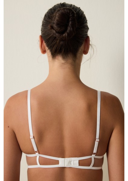 Kırık Beyaz Brode İşlemeli Balenli Dolgusuz Yarım Kap Sütyen