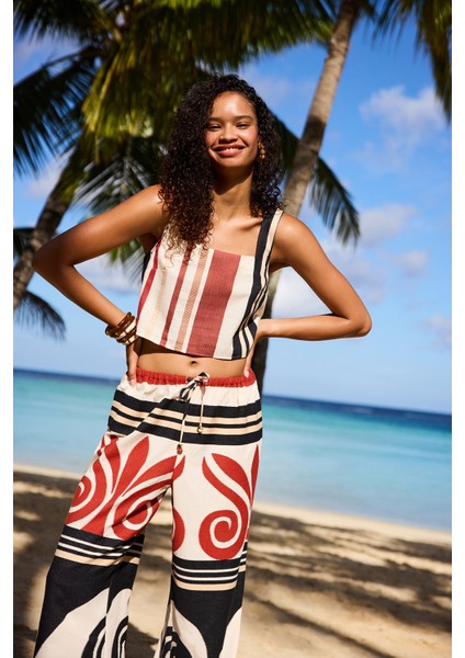 Etnik Desen Kare Yaka Renkli Crop Üst