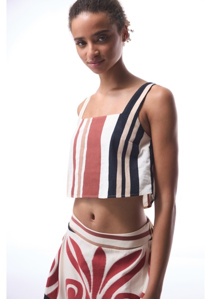 Etnik Desen Kare Yaka Renkli Crop Üst